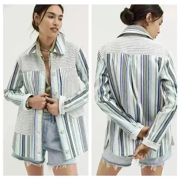 Anthropologie Maeve Oversize Denim Shirt S Shacket Jacket Boho Patchwork Stripe - Picture 1 of 14